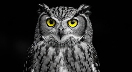 Fototapeta premium Close-up of an owl's face, gray and black plumage, bright yellow eyes against a black background
