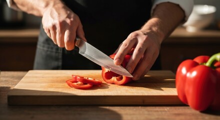 Close-up of chef's hands slicing red bell pepper on a wooden cutting board