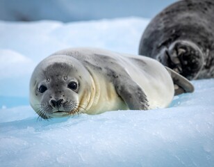 Cute baby seal lounges on icy blue surface, second seal visible