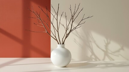 Minimalist white vase with bare branches on modern table