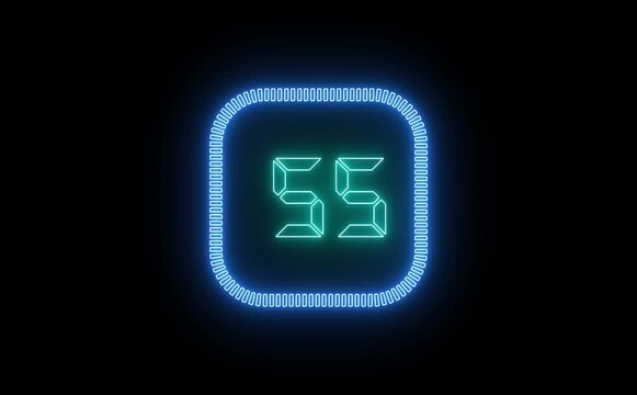 Electric neon countdown icon animates from sixty to zero, glowing numbers pulse smoothly, futuristic digital style, dynamic transitions, ideal for timers, intros, and dramatic visual impact moments ef