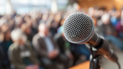 Close-up of a microphone set up for a presentation, with a blurred audience in the background. Focus is on the microphone