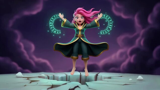 PinkHaired Sorceress Casting Spell with Glowing Runes in a Magical Realm.