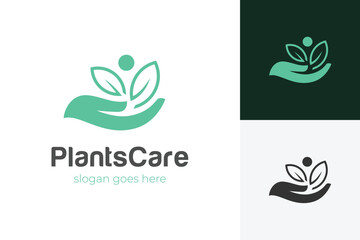 Plants Care Logo Icon Design, Abstract Hand Holding Green Leaf for Gardening and Agriculture