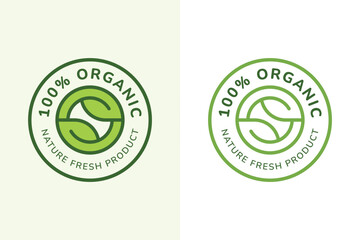 100% Organic Nature Logo Badge Design, Green Leaf Circle Stamp for Fresh Product and Food Label