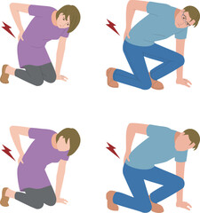 立ち上がる時、腰が痛むミドルの男性と女性のイラスト
