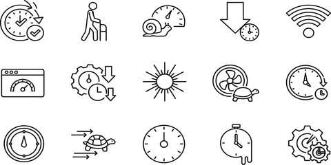 Collection of linear icons representing time management, speed, performance measurement, quick and slow motion, elderly walking, and technical delay concepts in line art. © sirat
