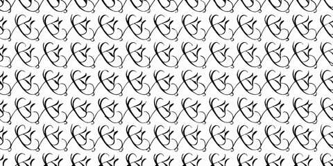 A dense repeating pattern of stylized black swirls and loops