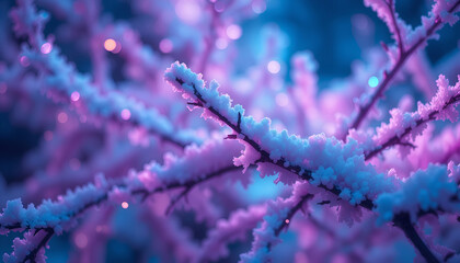 Frozen Branches Glowing with Purple and Cyan Neon Light