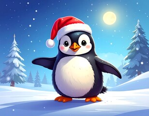 Cute, cheerful penguin wearing a festive Santa hat in winter snow