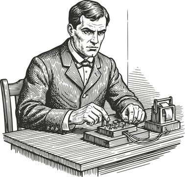 Vintage woodcut illustration of a 19th-century telegraph operator sending a message using a Morse code key at a wooden desk. Retro communications scene, isolated on white background.