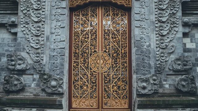 Balinese temple golden gate, cinematic dolly-in on a majestic ornate gold door set within a traditional grey stone temple entrance with detailed floral carvings.