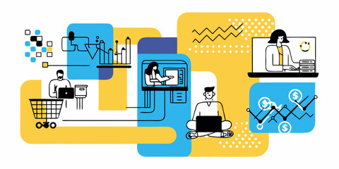 Modern digital workspace illustrating online shopping data analysis and virtual meetings