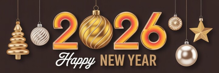Happy New Year 2026 greeting with elegant gold and silver holiday orna