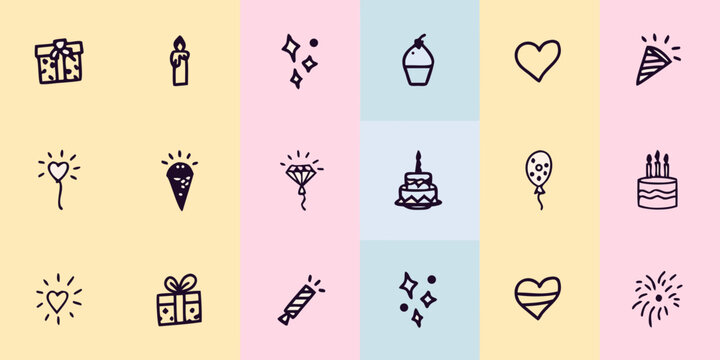 A collection of delicate hand drawn party and celebration themed icons in pastel colors