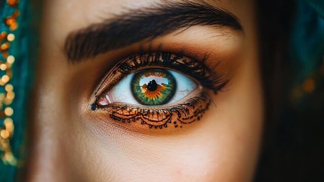 A close-up of a womans eye with intricate henna-inspired makeup, showcasing detailed patterns around the eyelid and a vibrant iris.