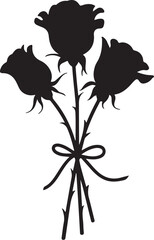 Black silhouette of three roses tied with a bow bouquet