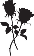 Black silhouette of two roses with stems and leaves