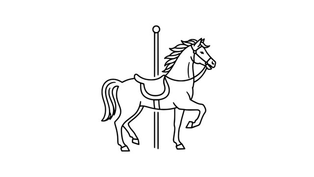 Minimalist line art of a carousel horse with pole - black outline vector illustration