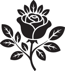 Black silhouette rose with leaves and stem flower white