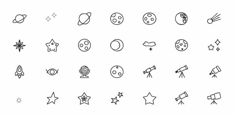 Naklejka premium A collection of simple linear space icons including planets stars and rockets
