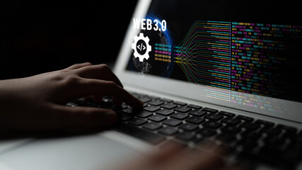 The concept of Web 3.0 development and decentralized data processing. The flow of binary code and information in the next generation internet. Motif