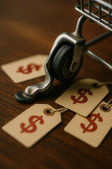 Shopping cart price tag dollar market volatility inflation symbol on wood surface convey economic stress and retail risk concept