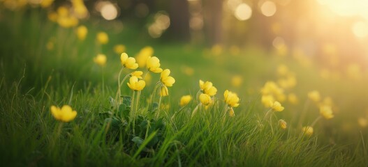 Close-up of bright yellow wildflowers in lush green grass, bathed in warm, golden sunlight, creating a cheerful spring meadow scene.