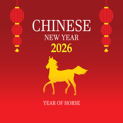 Flat design vector illustration of the 2026 Chinese New Year of the Horse for posters, banners, greeting cards, banners, stickers, web design, social media. 