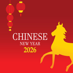 Flat design vector illustration of the 2026 Chinese New Year of the Horse for posters, banners, greeting cards, banners, stickers, web design, social media. 
