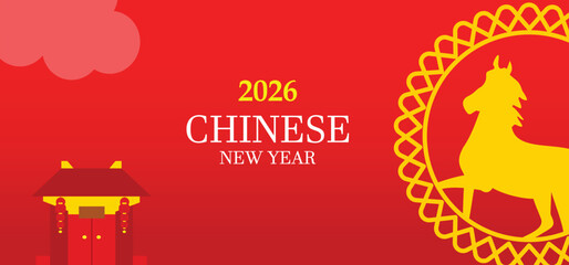 Flat design vector illustration of the 2026 Chinese New Year of the Horse for posters, banners, greeting cards, banners, stickers, web design, social media. 