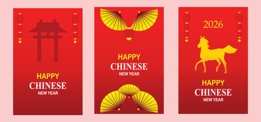 Flat design vector illustration of the 2026 Chinese New Year of the Horse for posters, banners, greeting cards, banners, stickers, web design, social media. 