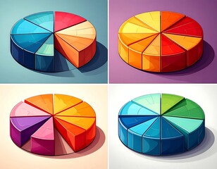 Four colorful, 3D pie charts, each with segmented components
