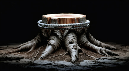 Fototapeta premium Dramatic Tree Stump With Roots Bound By Steel Cable in Dark Studio Setting