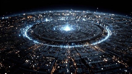 Abstract Blue Digital Technology Background with Glowing Circles and Data Flow