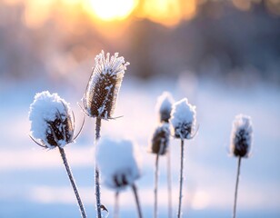 Frosty seedheads, backlit by winter sun, in a snowy field