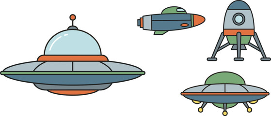 Cute spaceship and UFO icon set, cartoon rocket and flying saucer illustrations, colorful sci fi space vector collection
