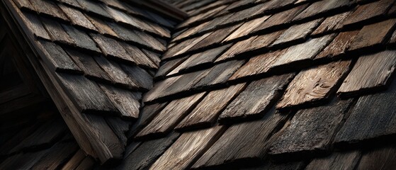 Close up of weathered wooden roof shingles