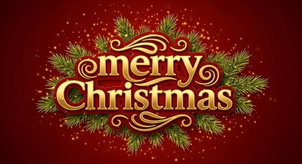 Elegant golden merry christmas greeting text design with pine branches on red background