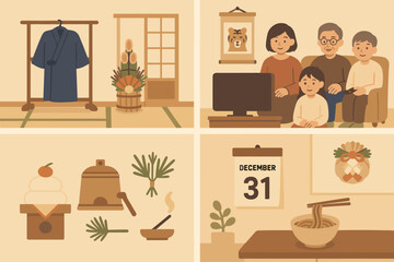 Traditional Japanese family celebrating New Year's Eve at home