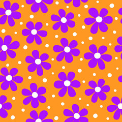 Retro Purple Daisies Seamless Pattern on Orange
