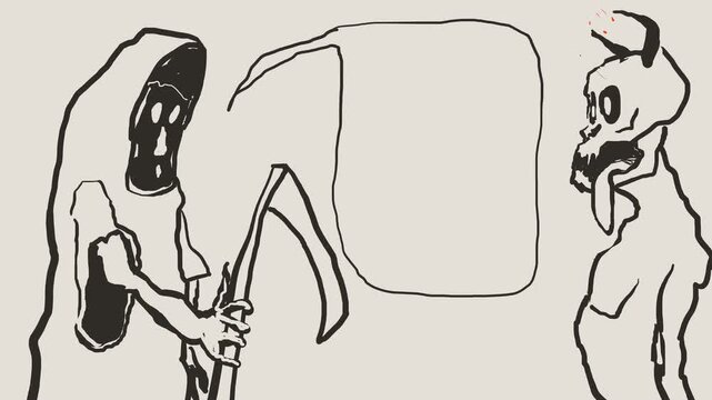 A funny cartoon death with a scythe is telling or saying something to a horned demon with his tongue hanging out.