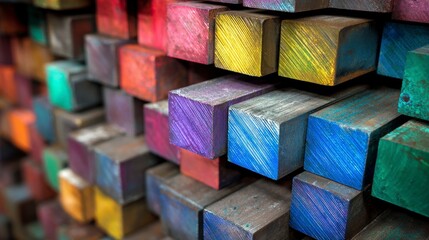 Close-up of stacked metallic cubes, each vividly painted in a different hue. The varied colors create an appealing texture