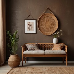 Elegant Boho Living Room with Rattan and Wooden Accents