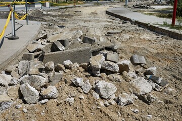 Pile of debris at road construction site