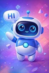 Cute 3D Robot Character Wearing Headset Waving Hand, Hi Speech Bubble, Customer Support and AI Chatbot Concepts, Digital Communication, Welcoming Users, App Interfaces, Landing Pages