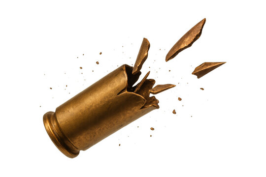 Shattered bullet shell casing exploding with fragments, symbolizing danger, violence, and destruction on transparent background