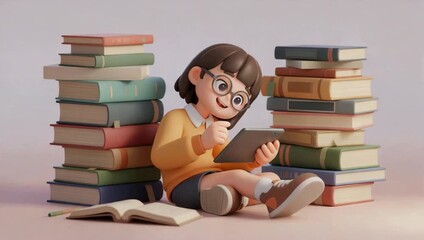 Animated child reading tablet between book stacks - Powered by Adobe