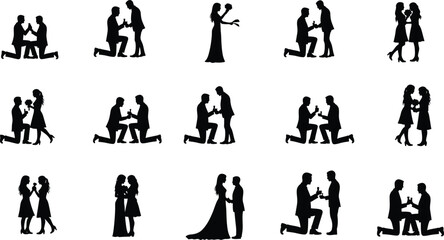 Collection of silhouette icons representing marriage proposals, engagements, and romantic couple moments