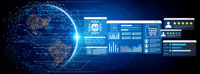 A stunning visualization of a digital world where artificial intelligence transforms data analytics, eCommerce, and user interactions, showcasing a connected future. Gantry